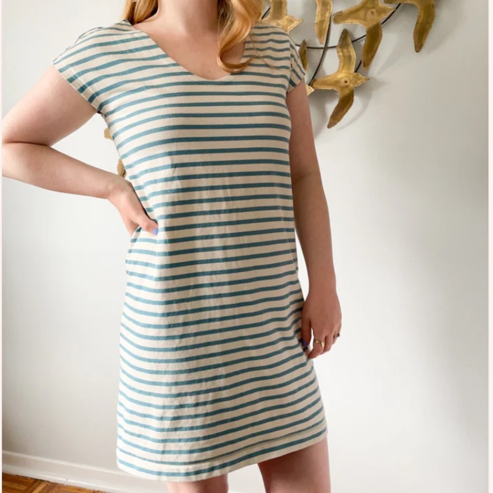 Tory Burch Light Blue Stripe V-Neck Cotton Shift Dress - Small